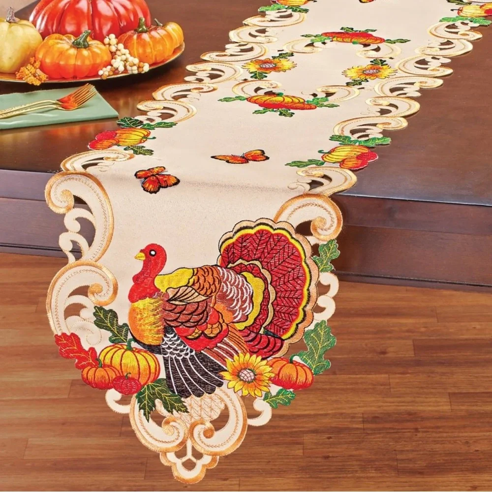 Festive Embroidered Turkey Table Runner - Multicolor & Beige 67.5 x 13